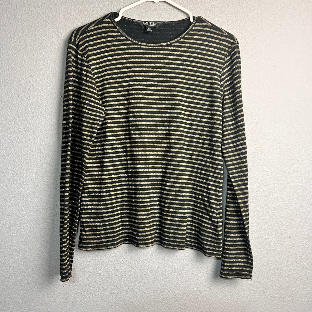 Lauren Ralph Lauren Black Gold‎ Metallic Striped Long Sleeve Crew Neck Top Large